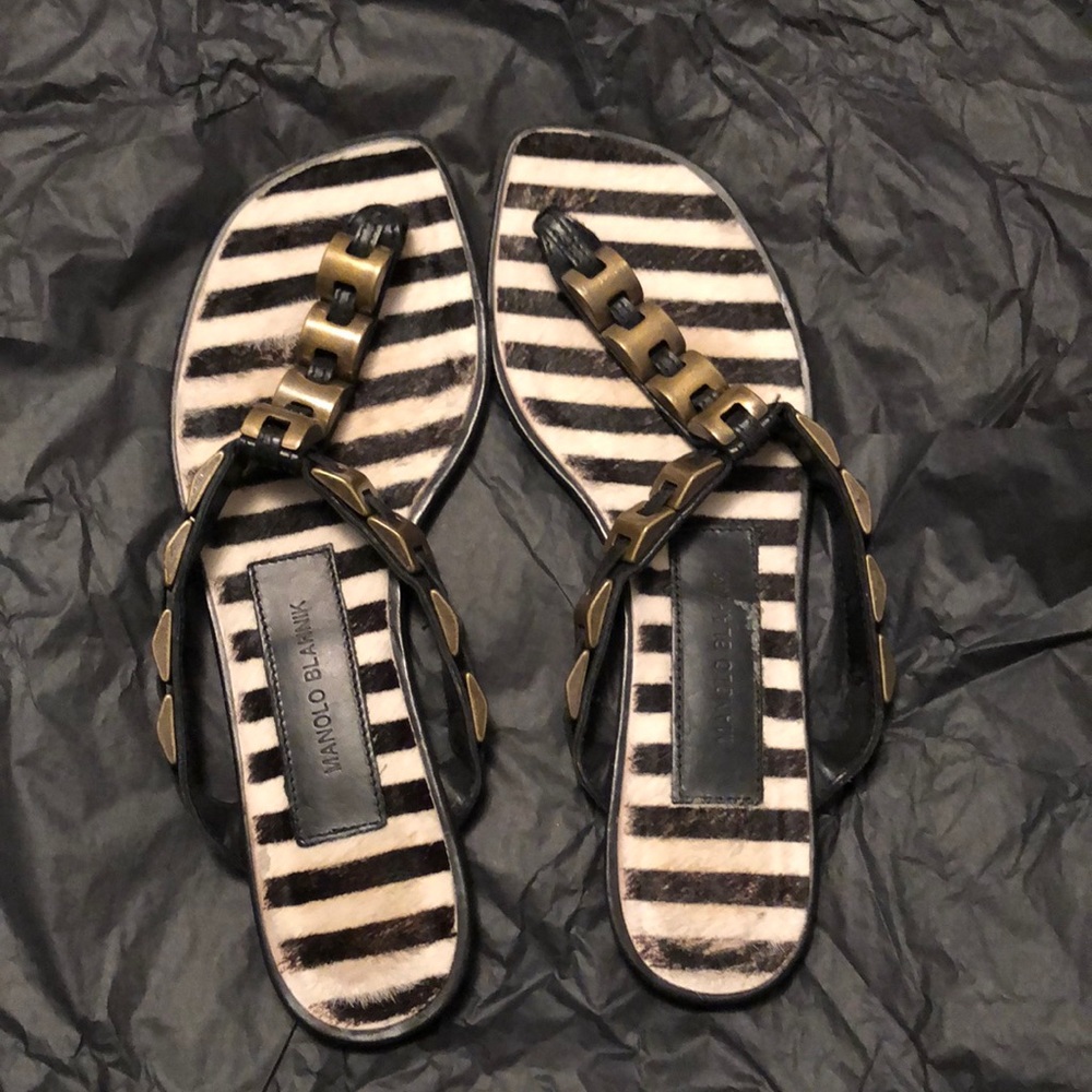 Manolo Blahnik Zebra Hair Brass Link Thong Flat Sandal